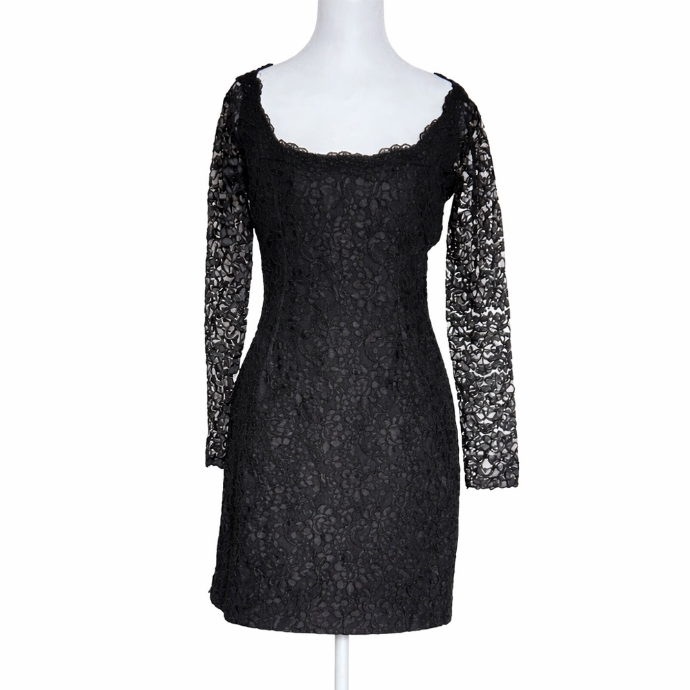 Vtg 90s Jennifer George By Night Black Lace Mini Dress Shere Sleeve Goth Vamp 4